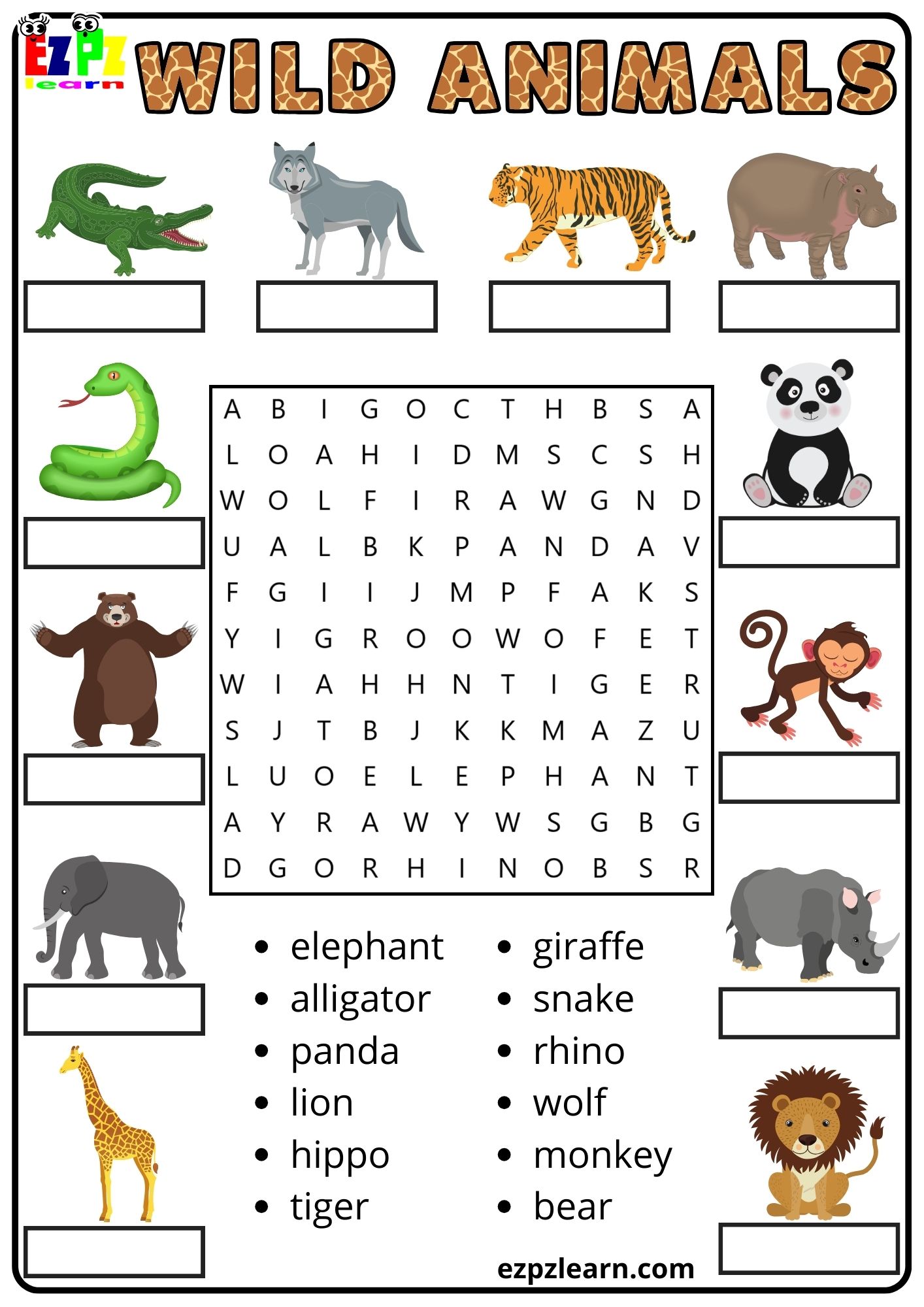 Wild Animals Vocabulary Part 2 Word Search and Match the Words Activity